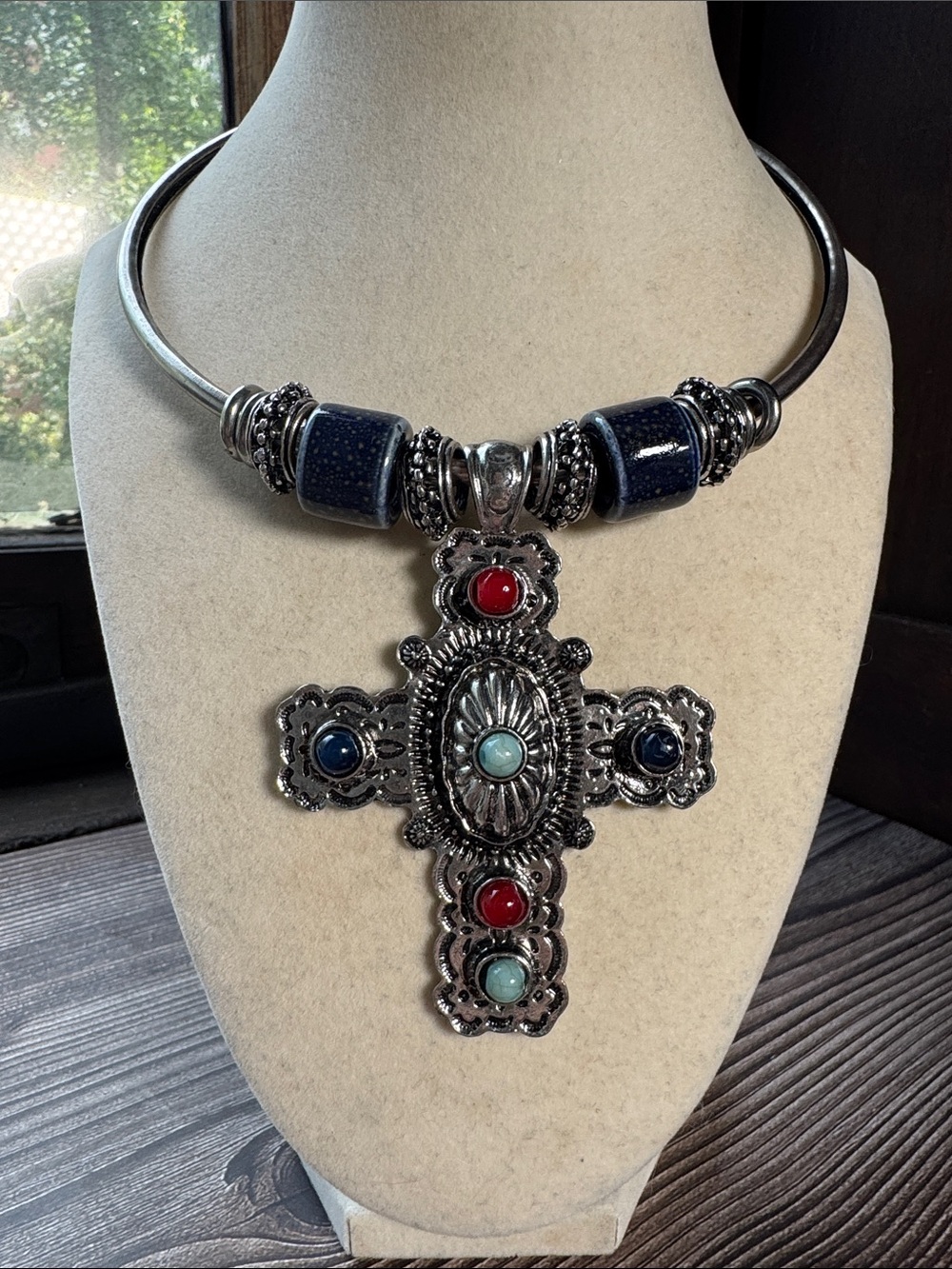 Vintage Ornate Cross Pendant Choker Necklace